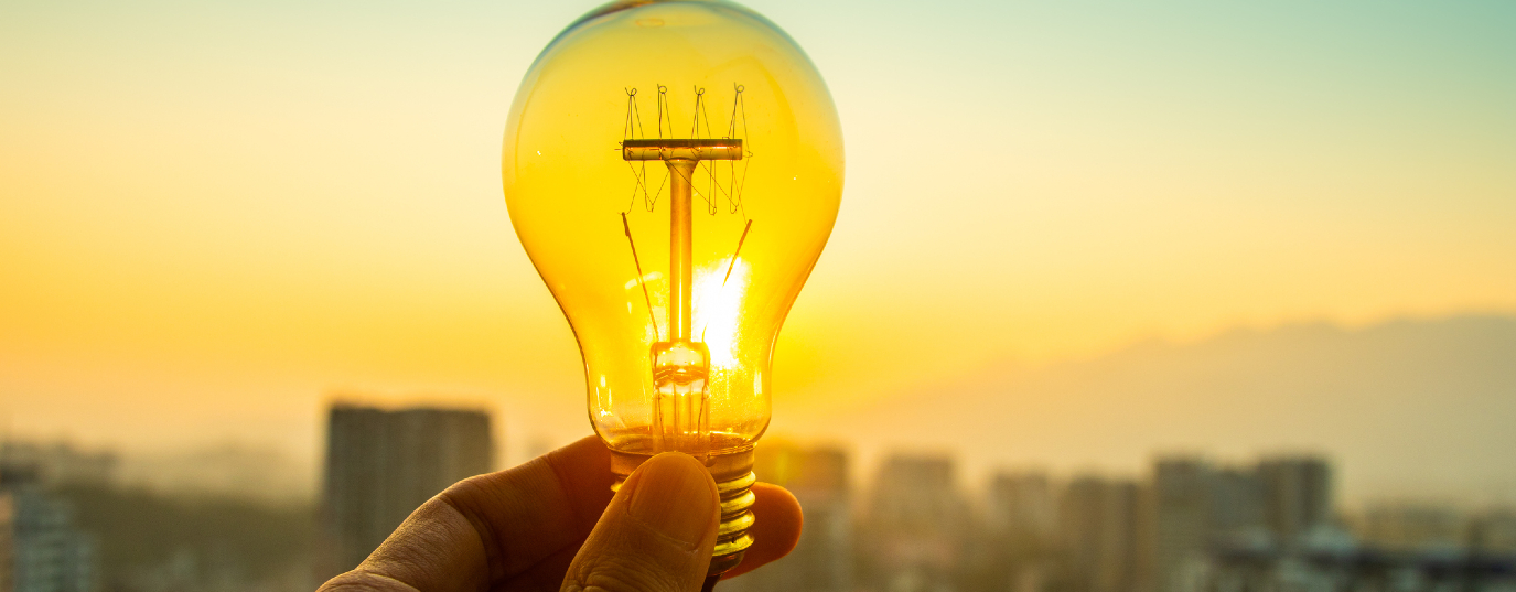 person holding a light bulb with a sunset background