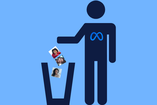 on a light blue background, a dark blue symbol representing a person throwing things into a bin. The person wears the new infinity sign logo for meta, and throws away three smiling pictures of people.