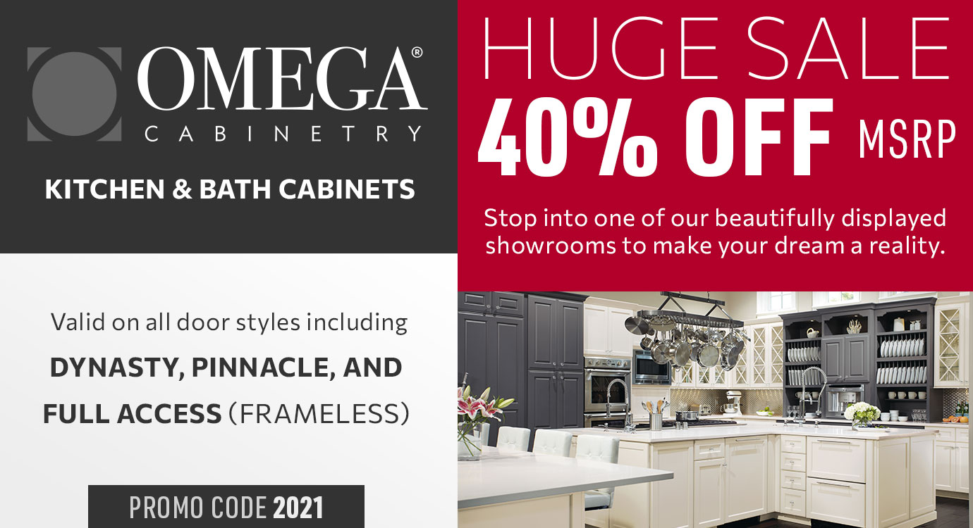 Get 40% off Omega Kitchen and Bath cabinets