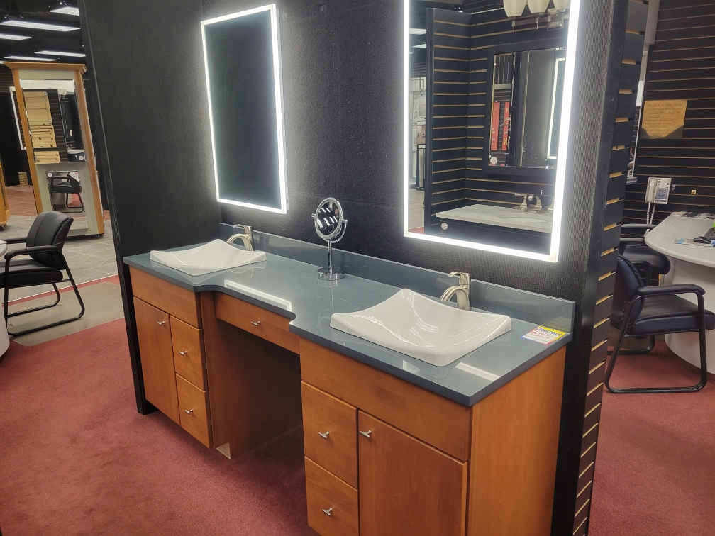 double sink, vanity base, mirror