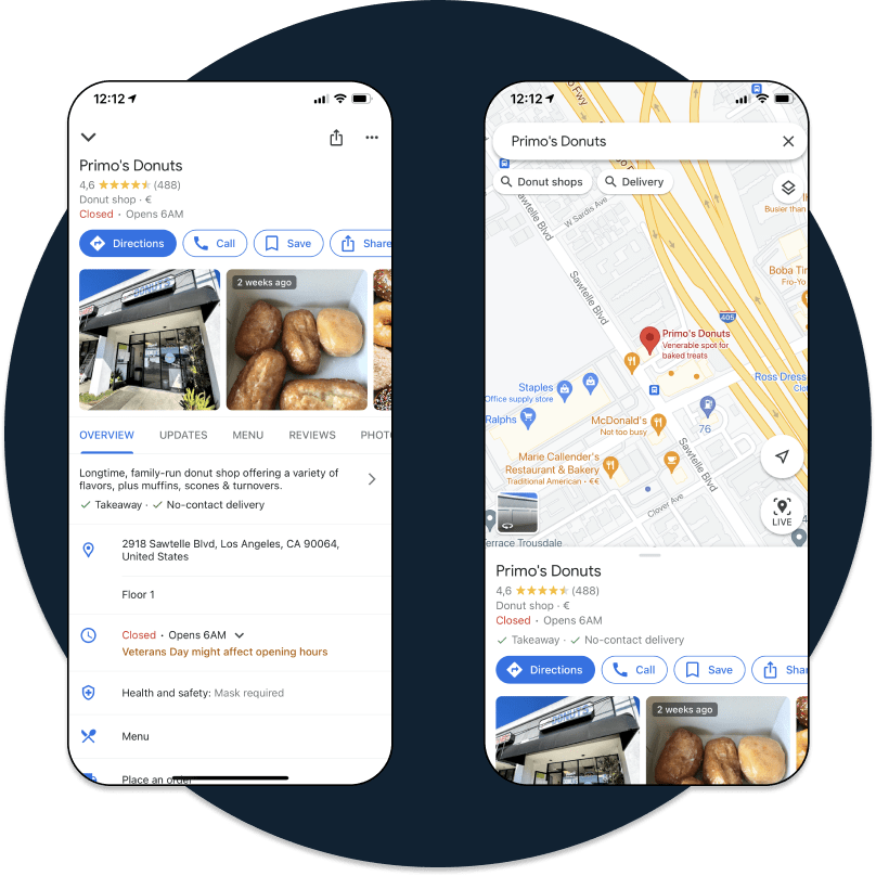 A picture of a restaurant's profile on Google Search and Google Maps.