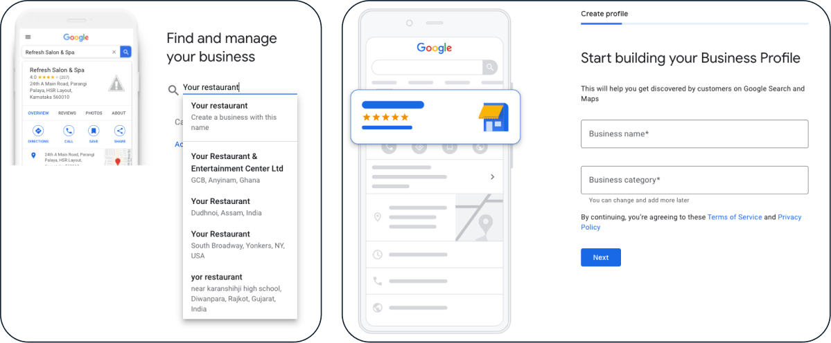A screenshot of how to set up a Google Business Profile for your restaurant showing how to enter your business name and choosing a business category.