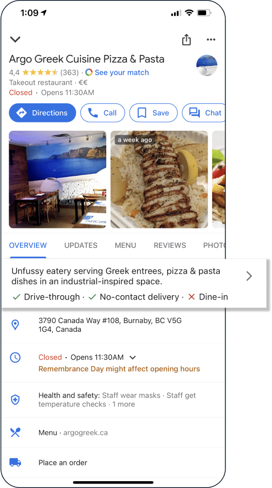 A picture of a restaurant's description and attributes on Google Search and Google Maps.