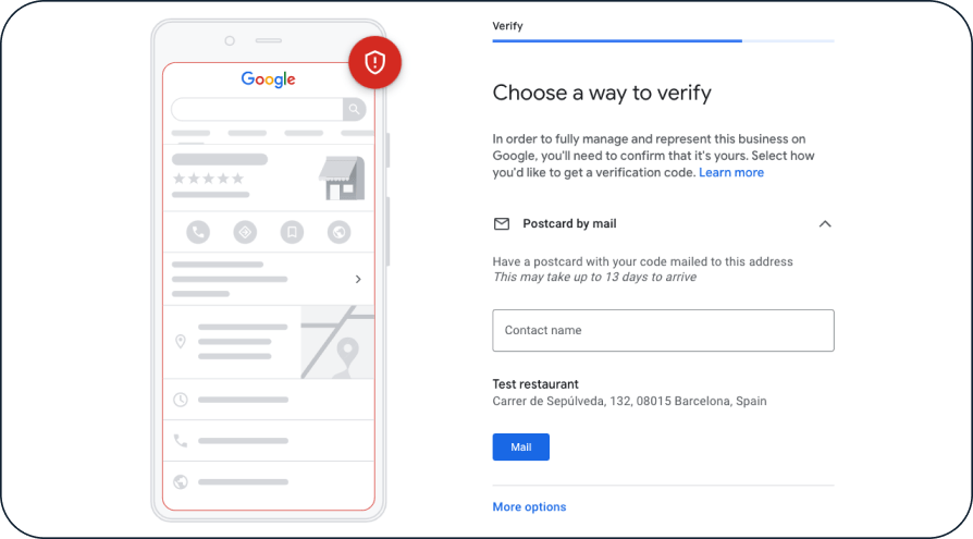 A screenshot of how to set up a Google Business Profile for your restaurant showing how to verify your business via postcard.