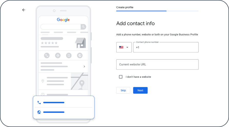 A screenshot of how to set up a Google Business Profile for your restaurant showing how to add your restaurant’s contact information: phone number and website.