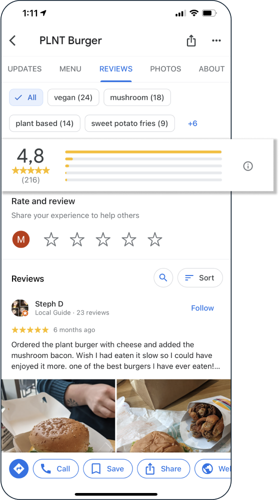 A picture of a restaurant's reviews on Google Search and Google Maps.