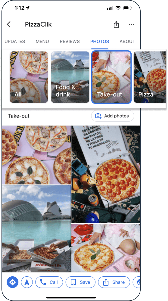 A picture of a restaurant's photos on Google Search and Google Maps.