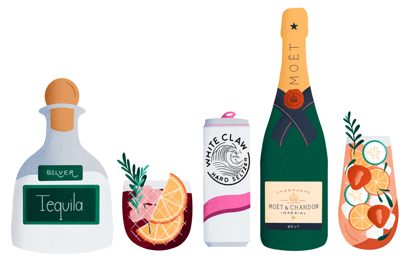Illustration of tequila bottle, cocktail, White Claw, champagne, and other drinks