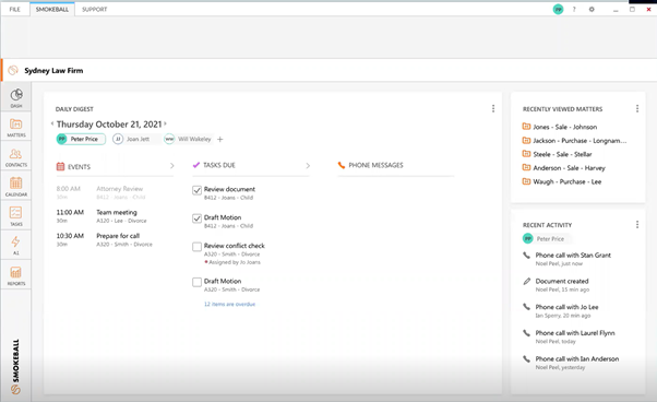 Smokeball law firm dashboard