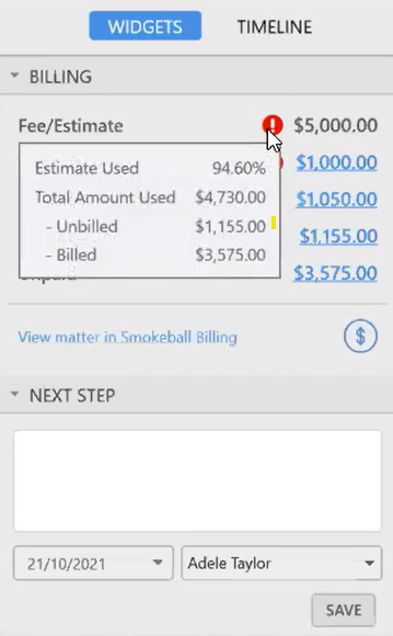 Billing showing alert notification and fee/estimate balance.
