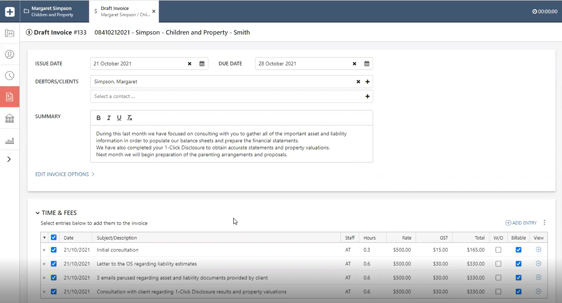 Draft invoice section within the matter, the summary window is shown.