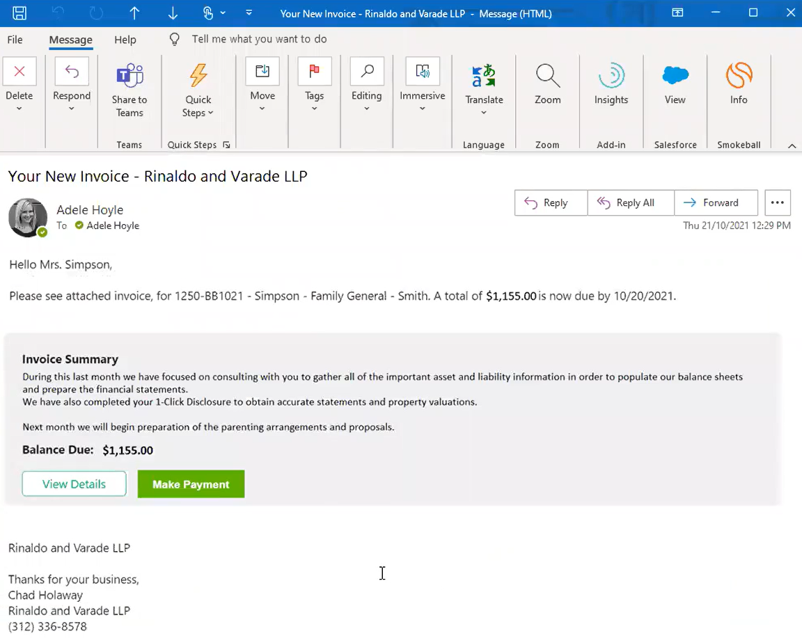 Improved new invoice email template – showing View Details and Make Payment buttons