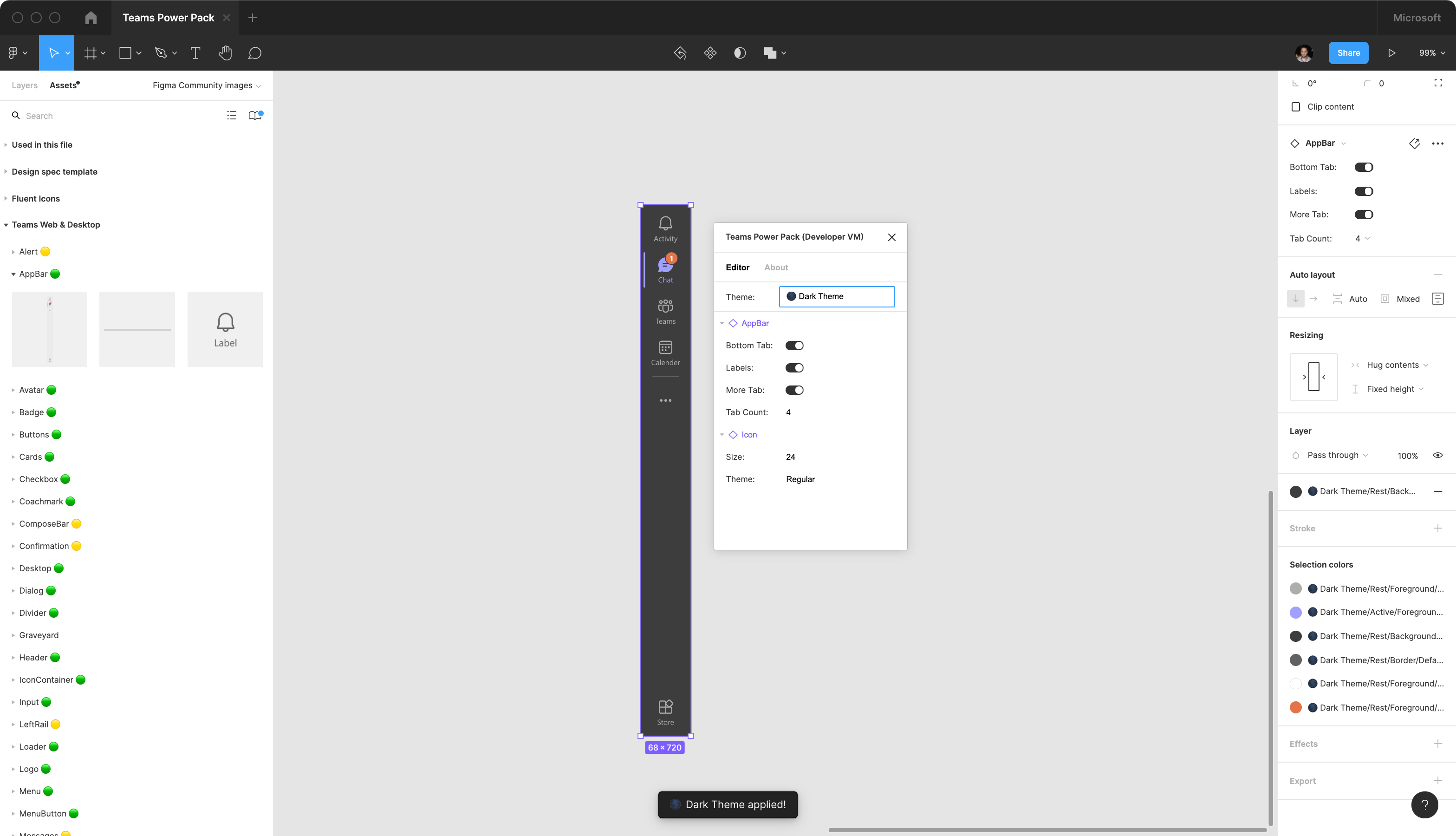 A screenshot of theming the AppBar component in Figma