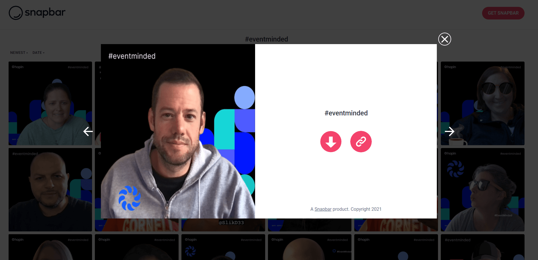 Snapbar post a selfie dialogue during hopin event