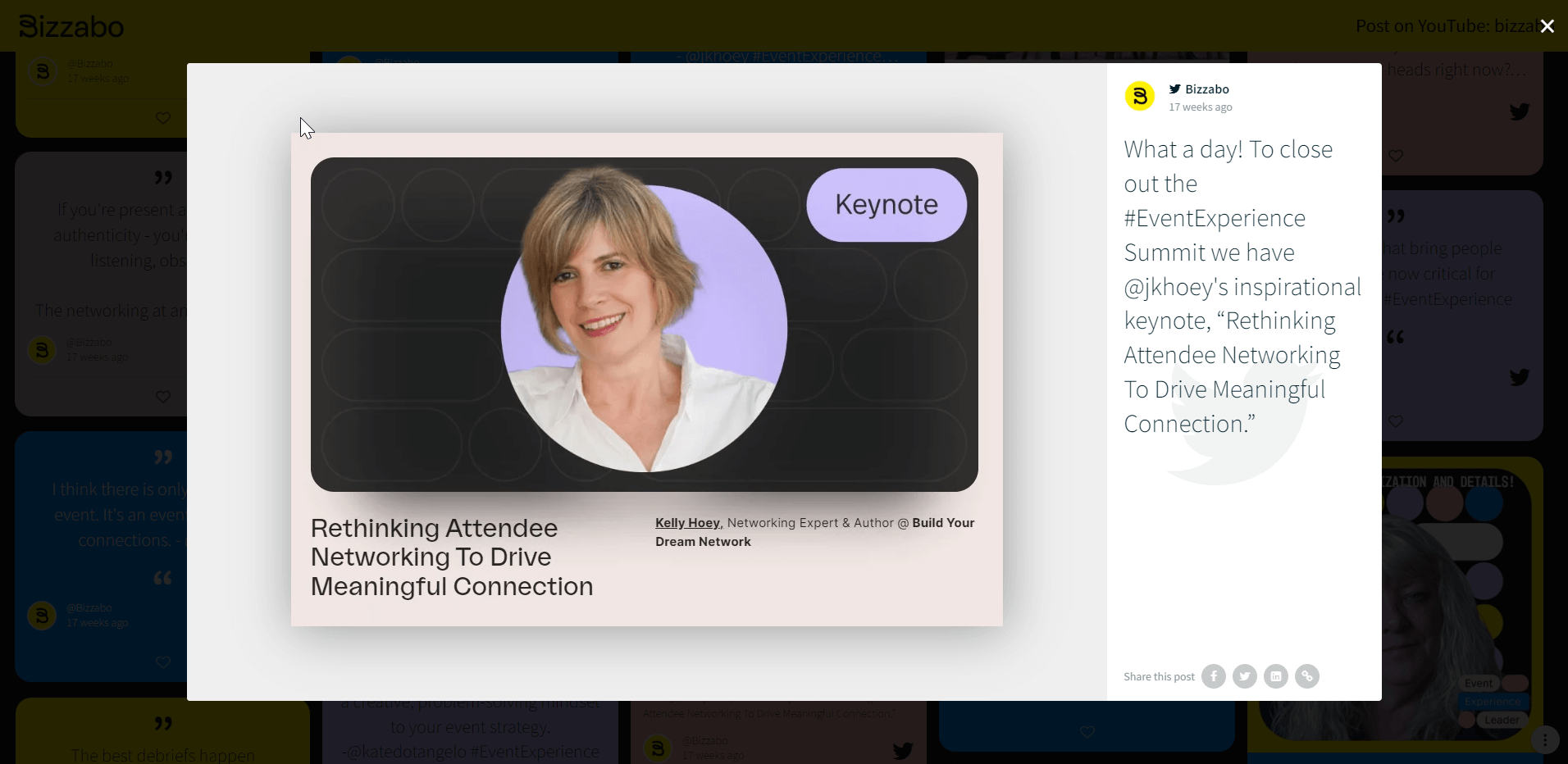 Screenshot of Twitter post on social wall showing a message from a speaker