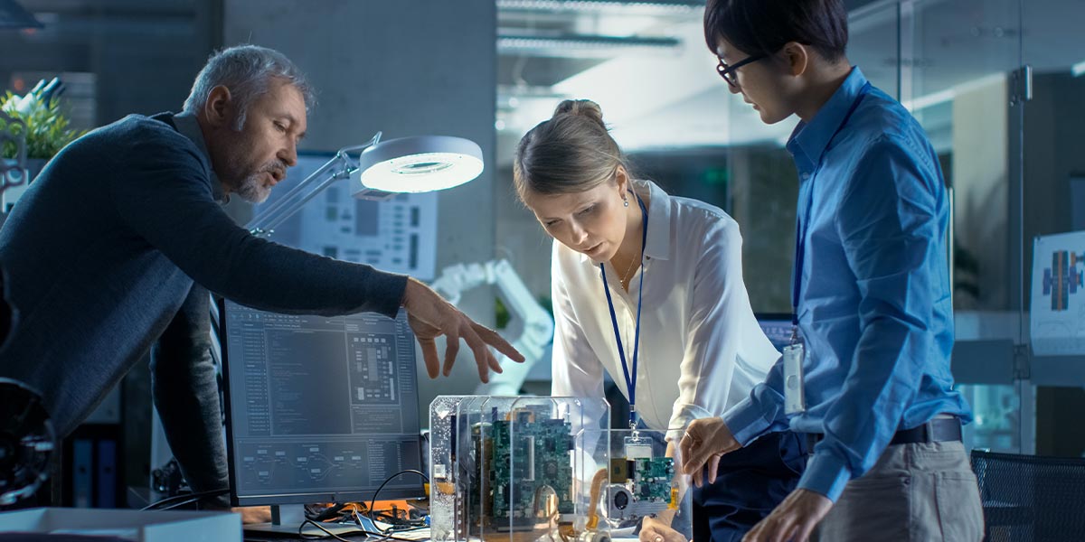 Team of engineers working on a product.
