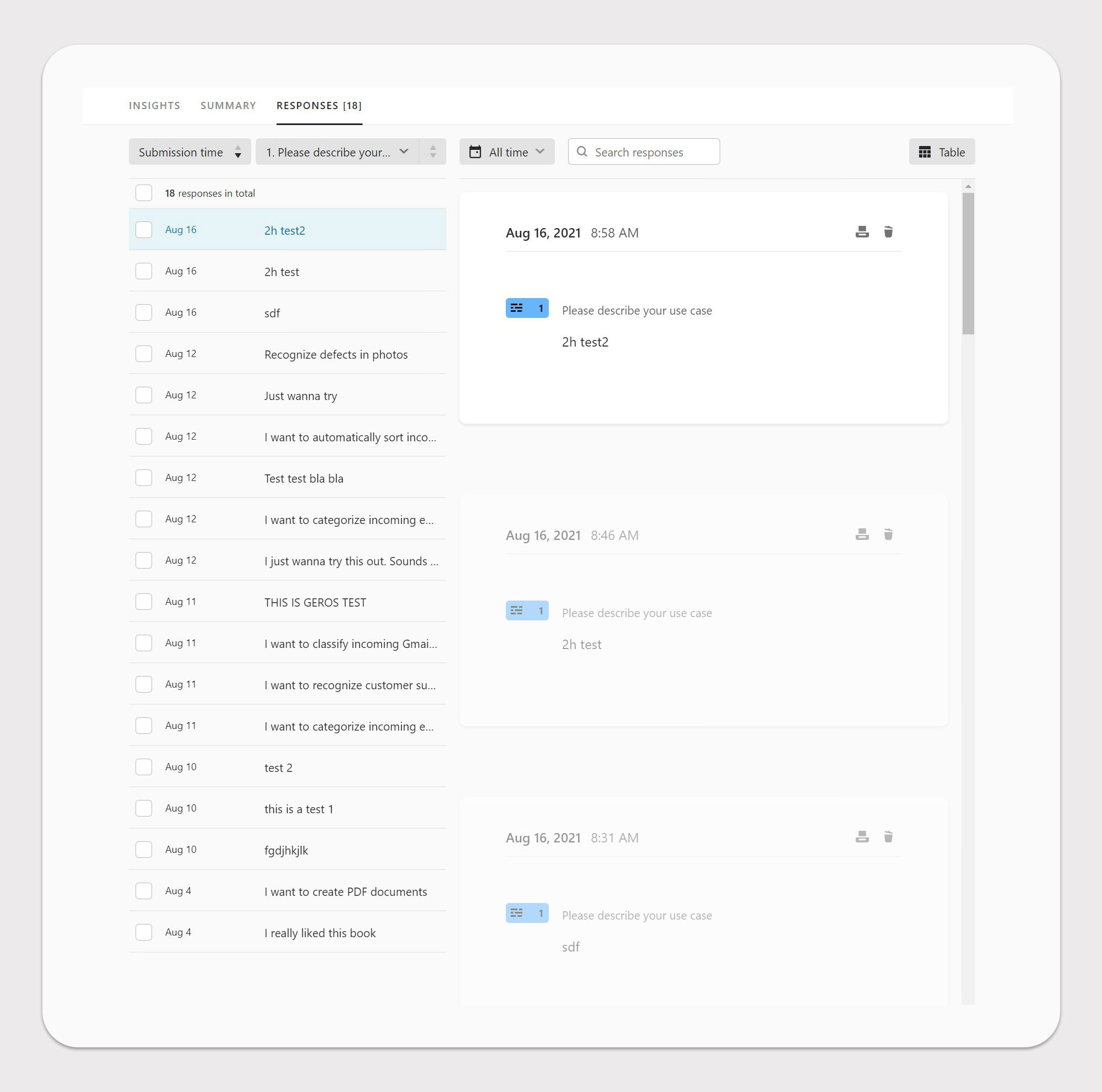 typeform screenshot for analyzing survey responses