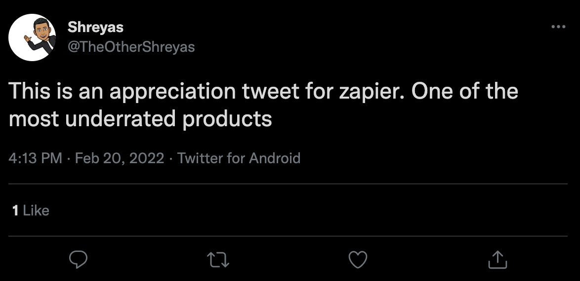 Tweet appreciating Zapier