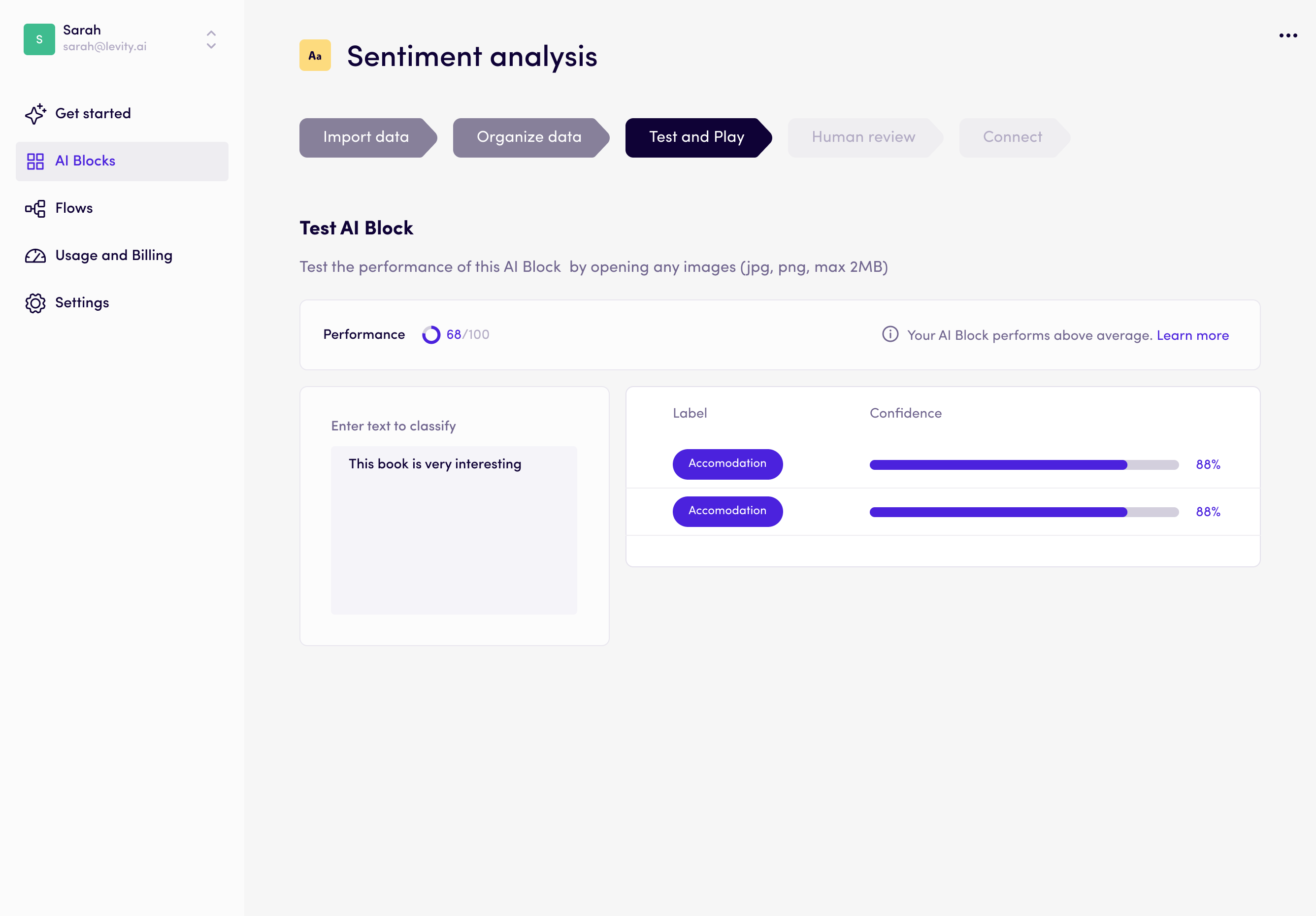 Test your AI Block on Levity AI