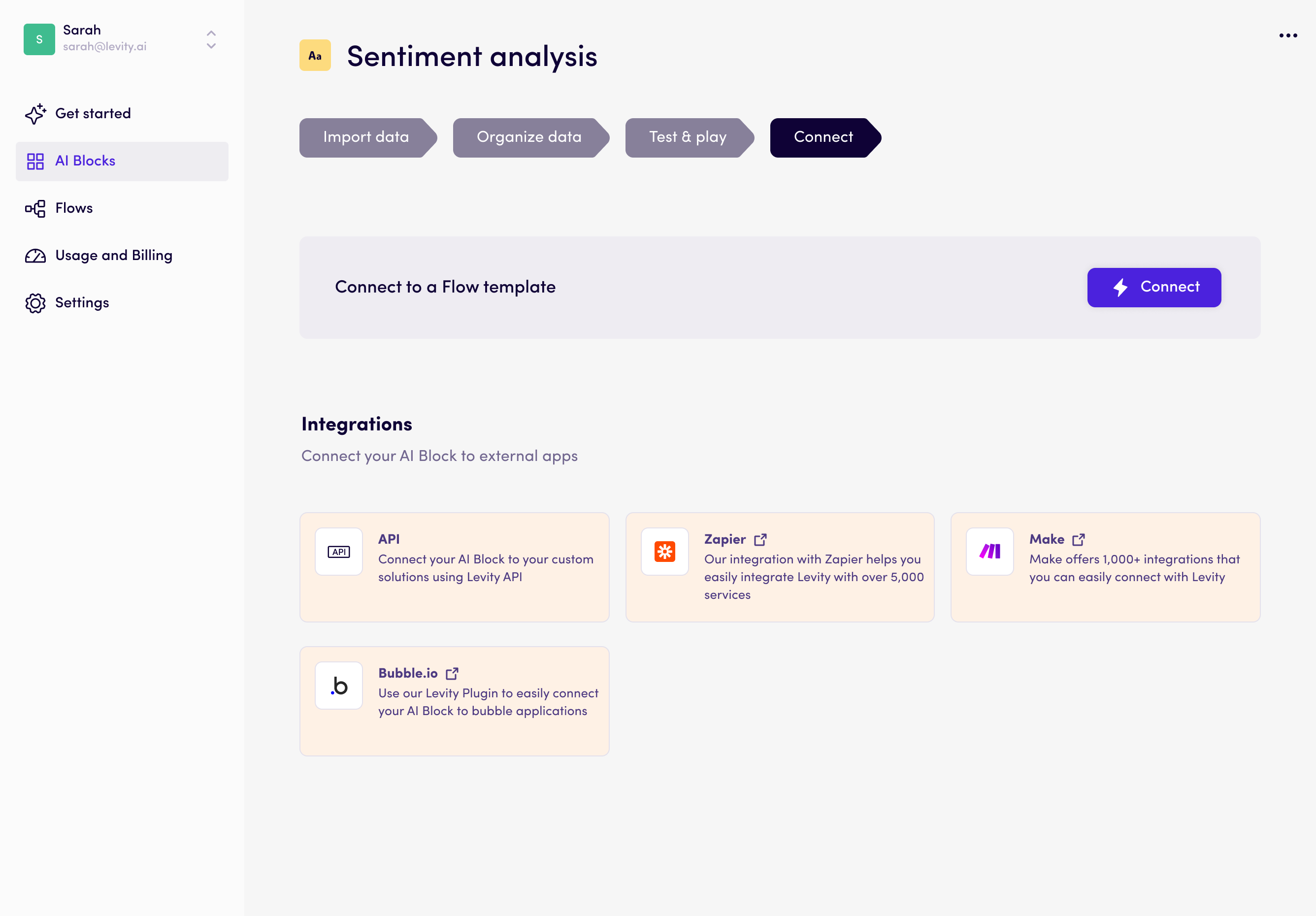 Connecting your AI Block to a workflow on Levity AI