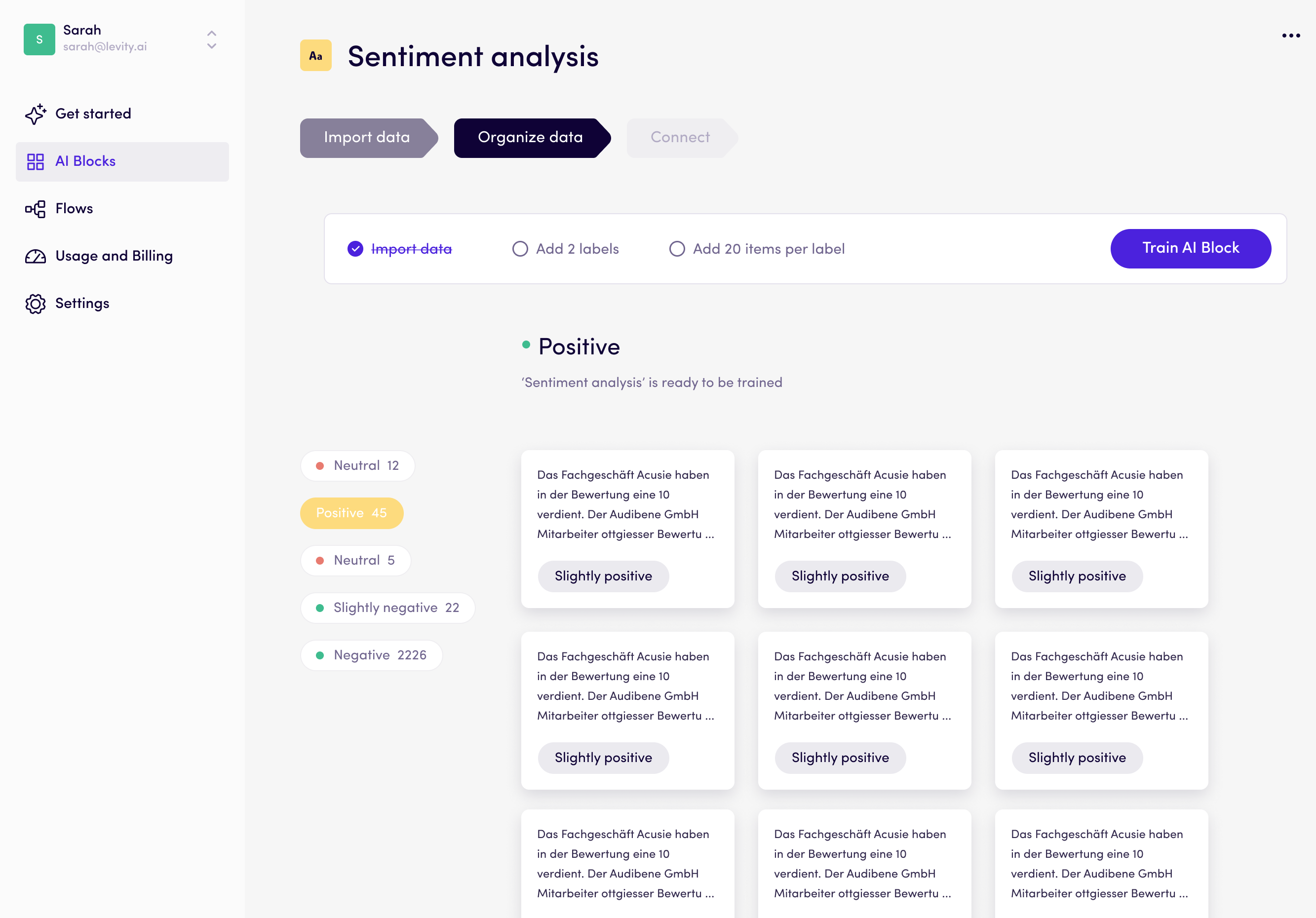 Interface of levity AI when organising data to train an AI Blcok.