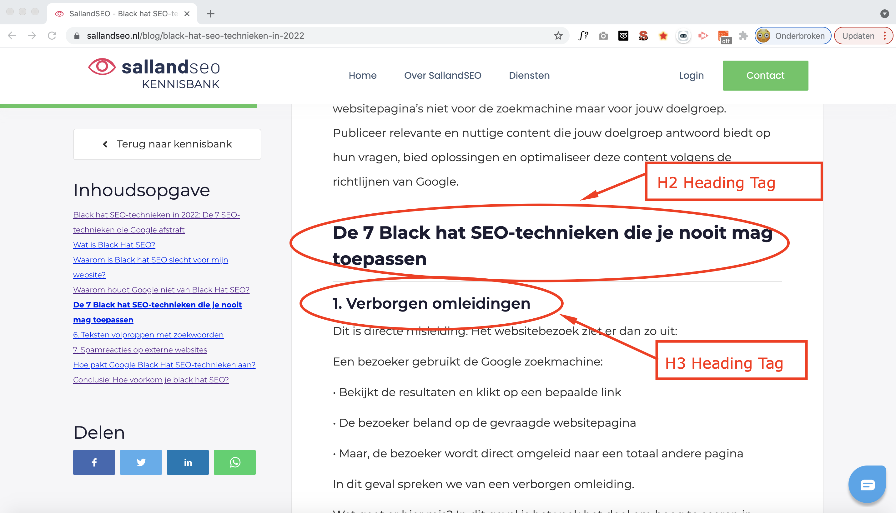 H2, H3 Heading Tag aanduiding on-page SEO