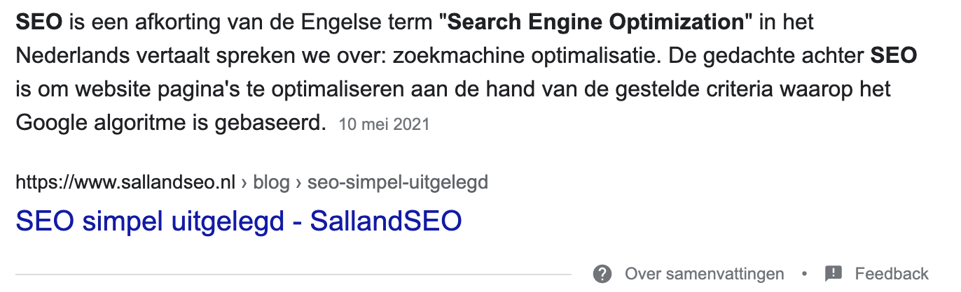 Featured Snippet, aanbevolen fragment door Google