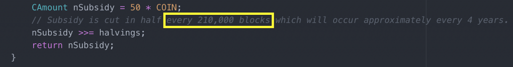 Source code for Bitcoin that demonstrates when a halving will occur