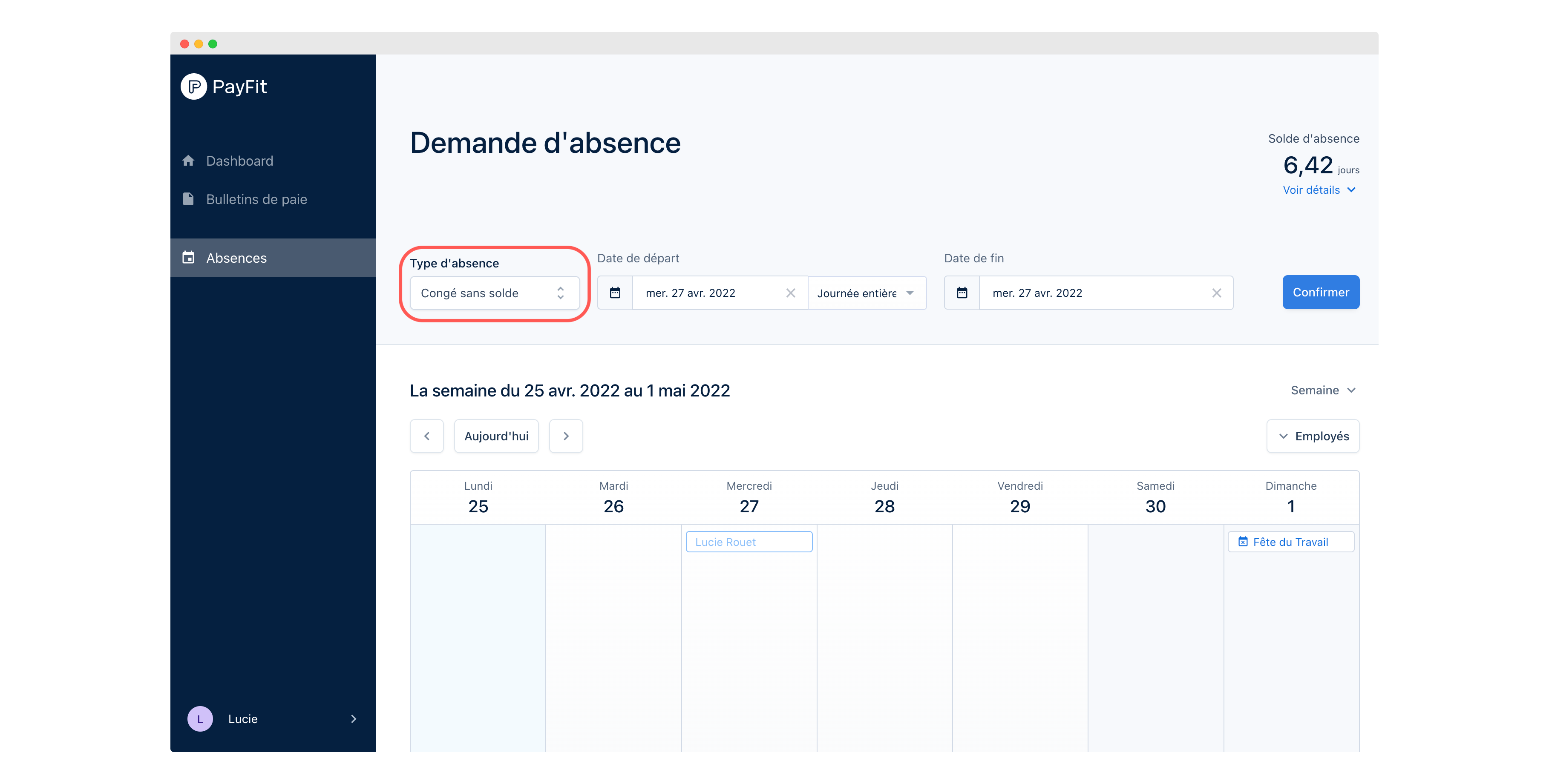 Capture d'écran d'un dashboard sur Payfit