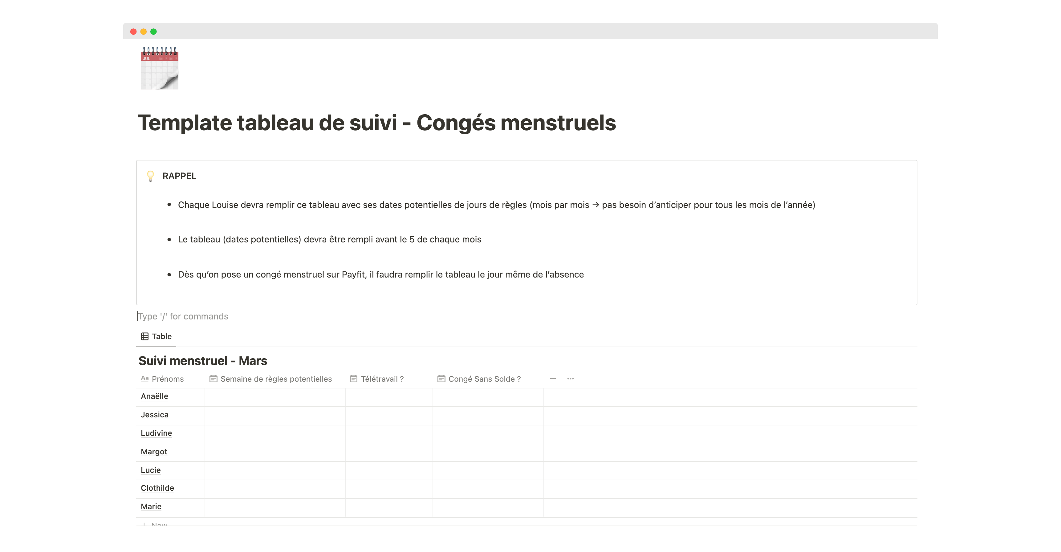Capture d'écran tableau de suivi de congé menstruel sur Notion