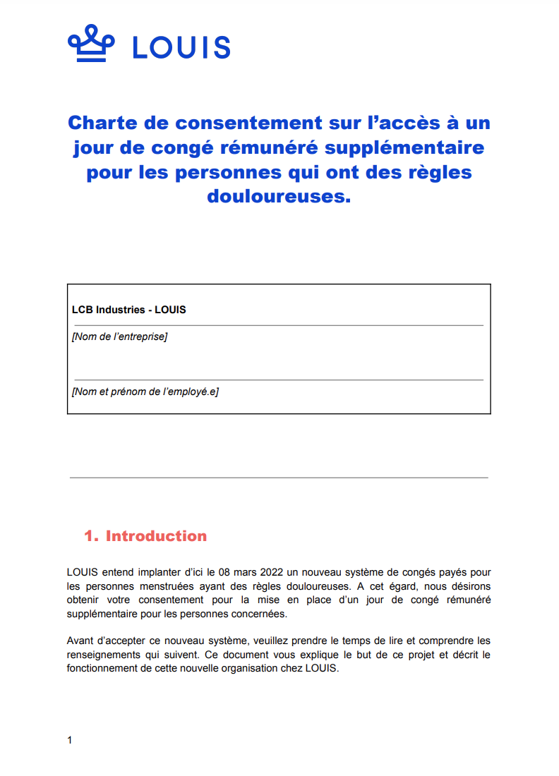 charte de consentement pour la mise en application du congé menstruel chez LOUIS