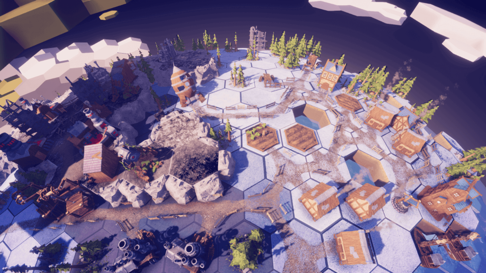 Snowy village including mysterious ancient structures