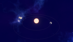 Two planets orbiting a sun in dark blue space