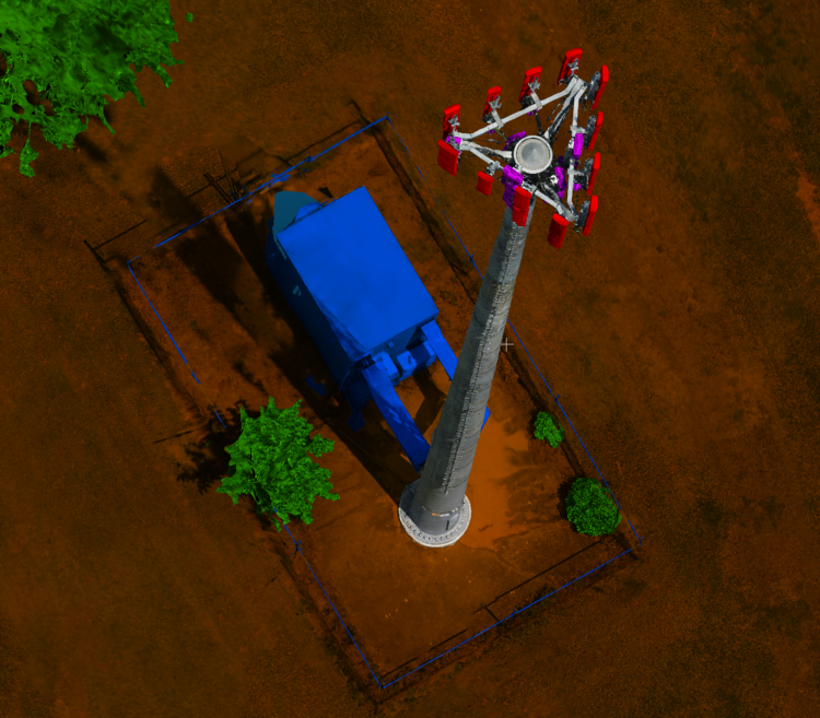 The red indicates antenna panels, purple is RRU/Box/BOB/RET, green is tree, blue is building.