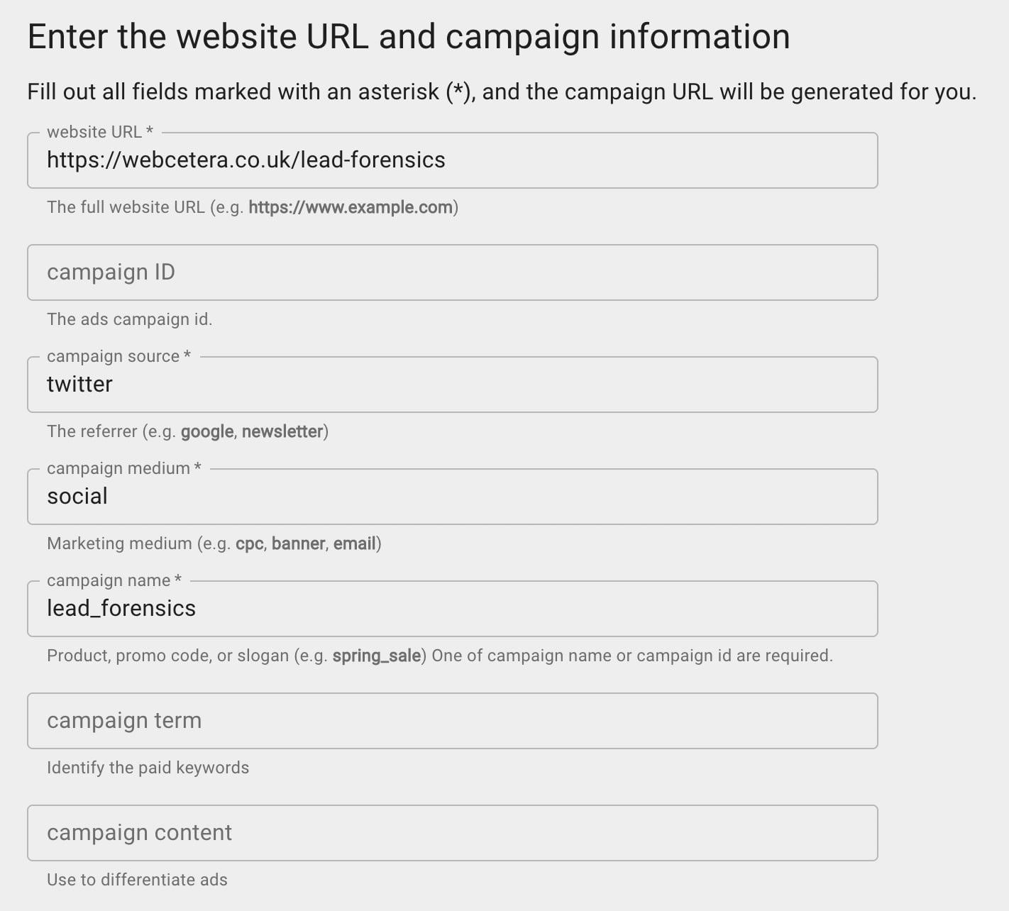 The Google Campaign tools offers an east to use interface with helpful tooltips.