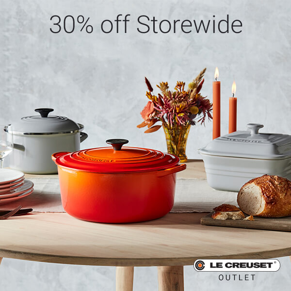 30% off Storewide promotional photo with Orange and white Le Creuset cookware