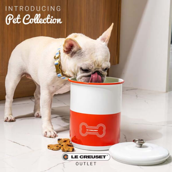 French Bulldog eating treats out of a Le Creuset Pet Collection bowl