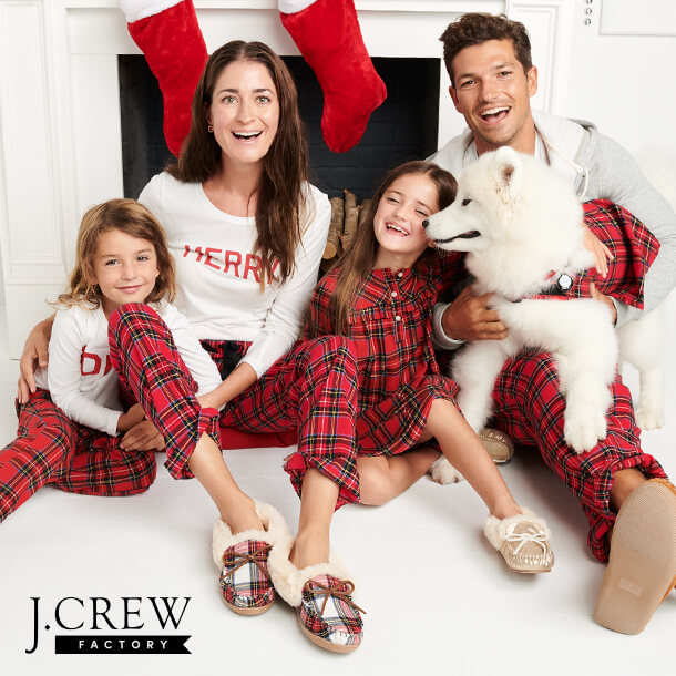 Family wearing Plaid and white J. Crew pajamas