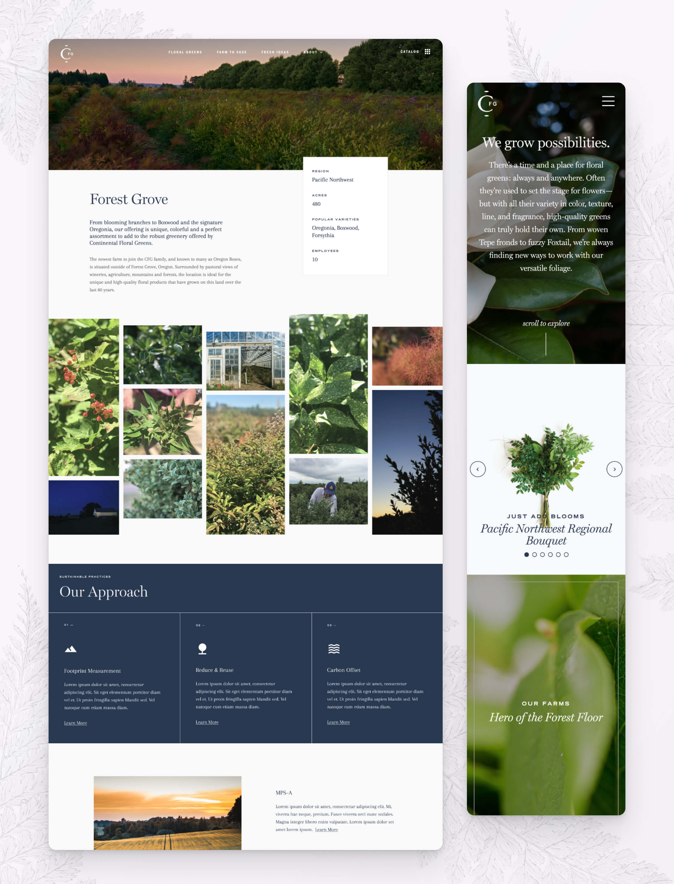 Desktop & mobile screen captures of Continental Floral Green's website pages.