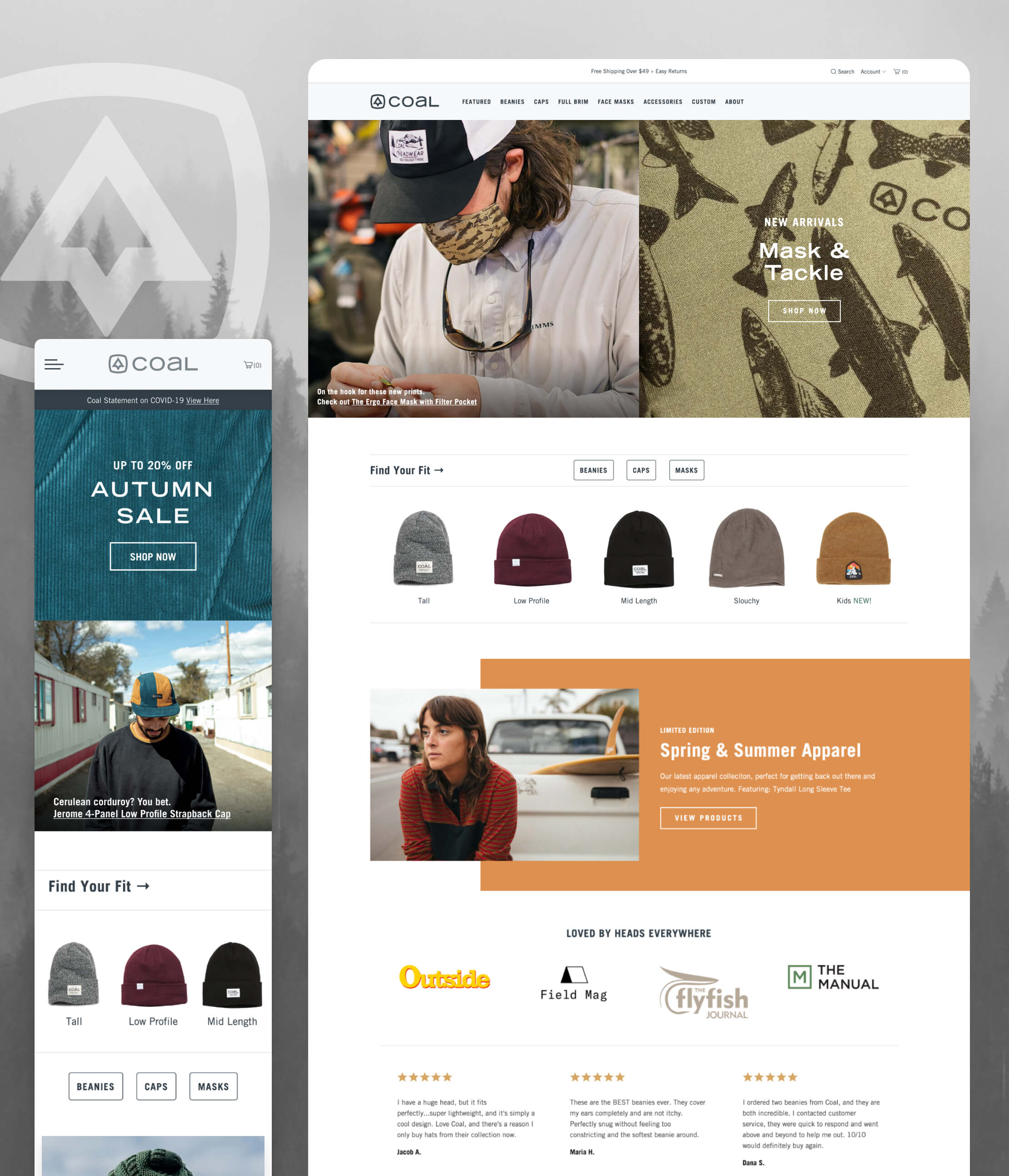Desktop & mobile screen captures of Coal Headwear's website pages.