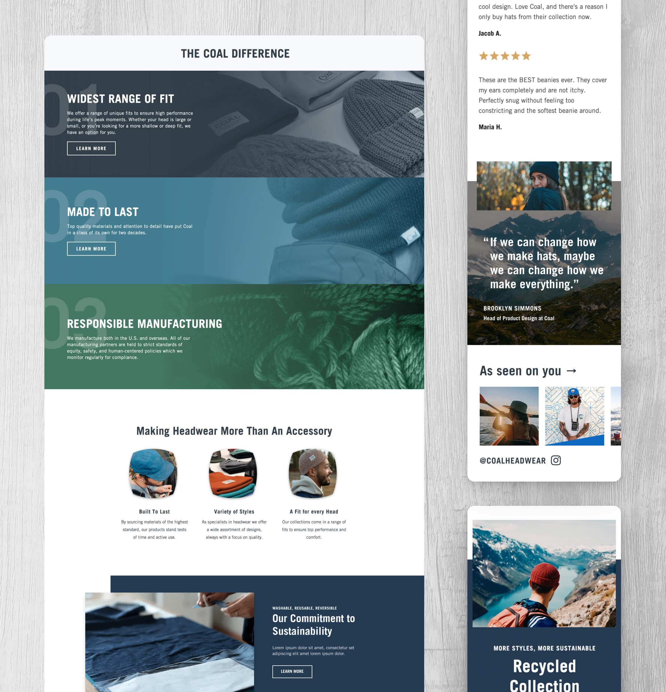 Various screen captures of Coal Headwear's website interior pages.