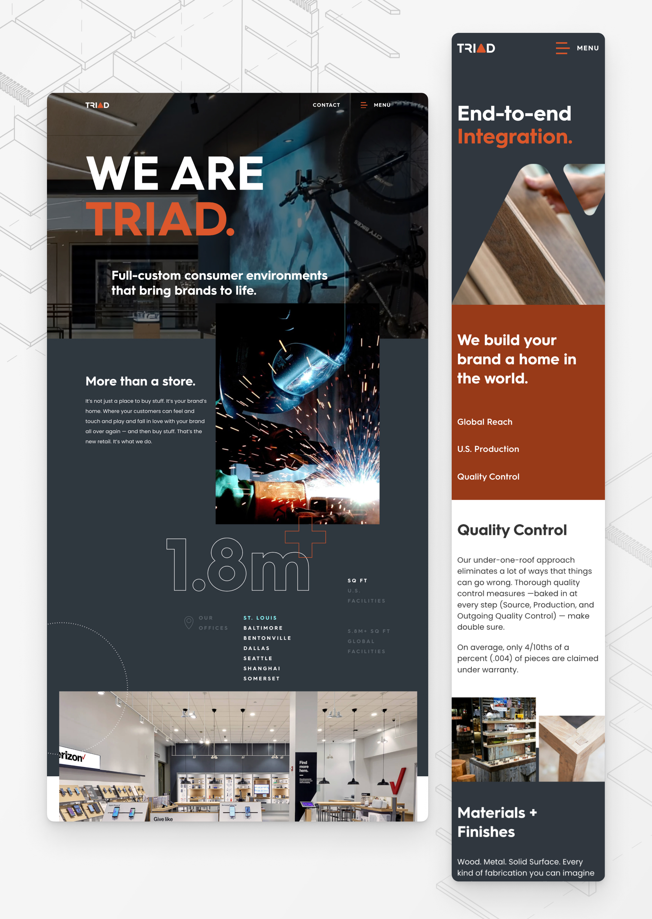 Desktop & mobile screen captures of Triad Manufacturing's website pages.