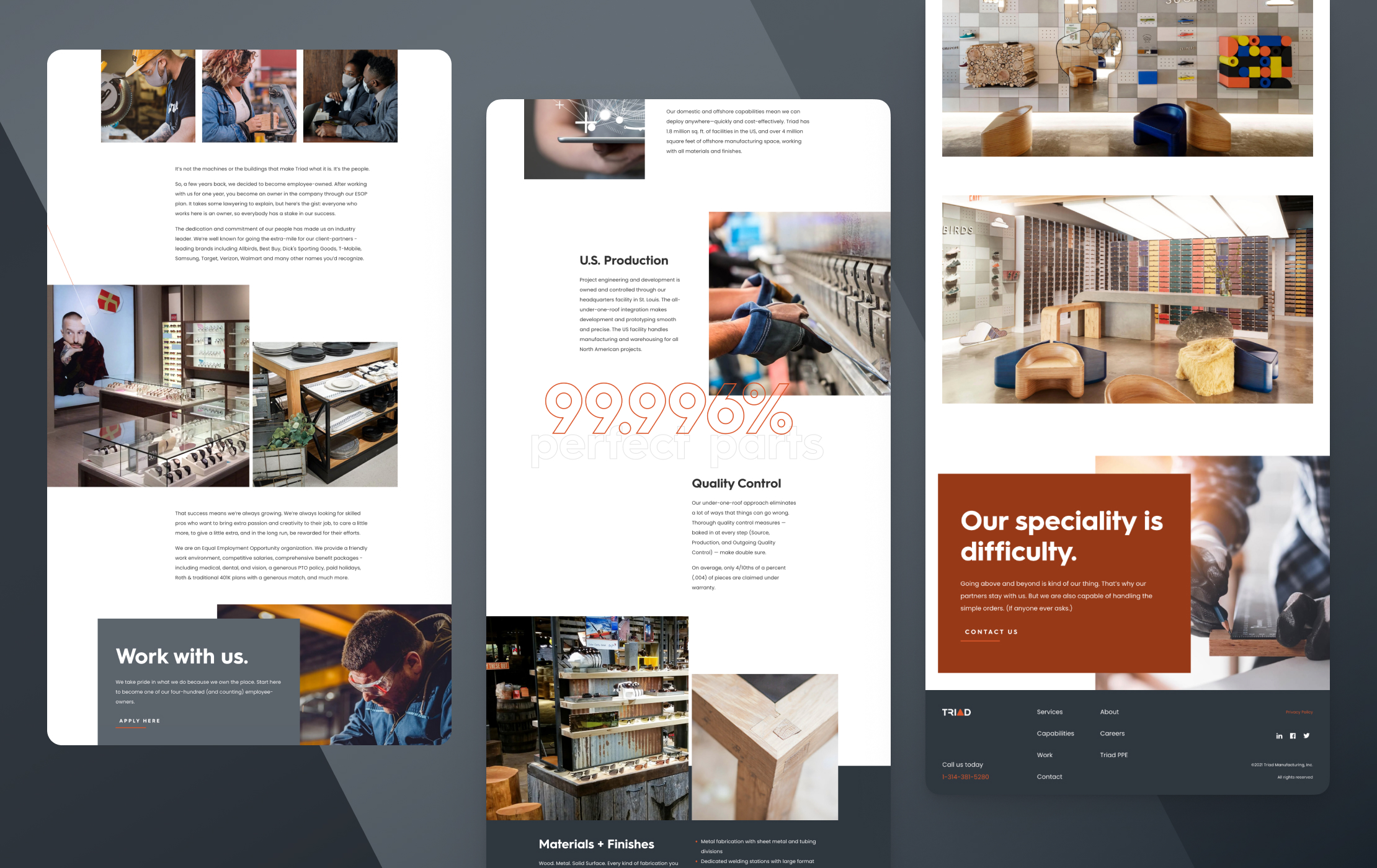 Various screen captures of Triad Manufacturing's website interior pages.