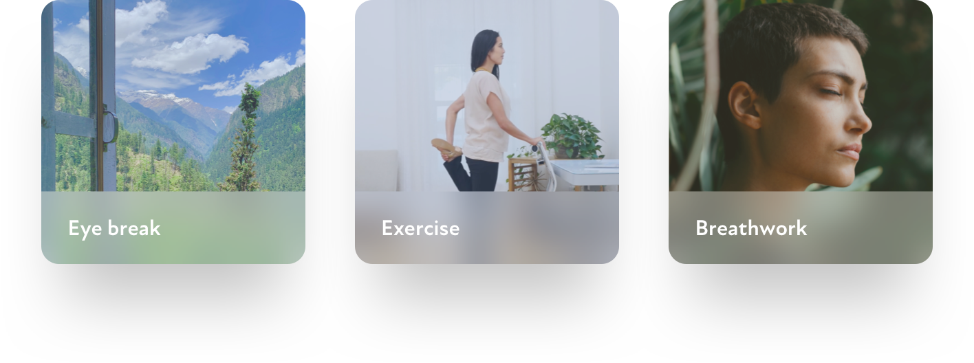 Cuely activities: eye break, exercise, and breathwork