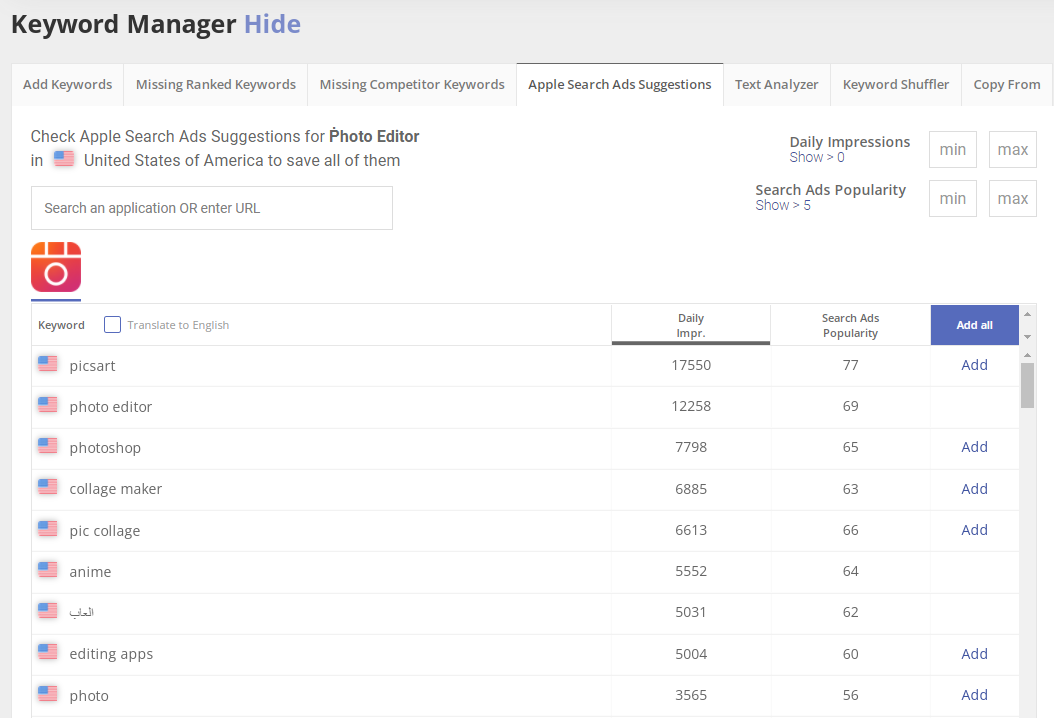 Apple Search Ads Suggestions in Keyword Manager