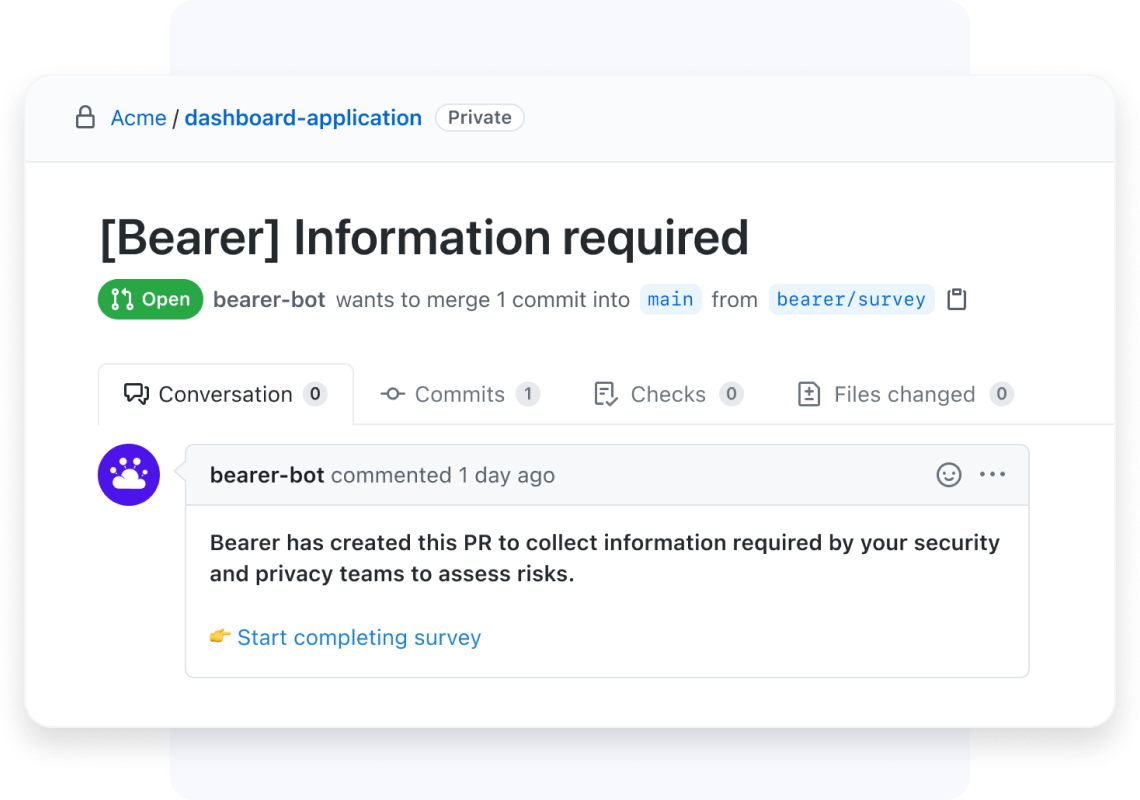 A pull request from Bearer on Github asking to complete the security & privacy survey.