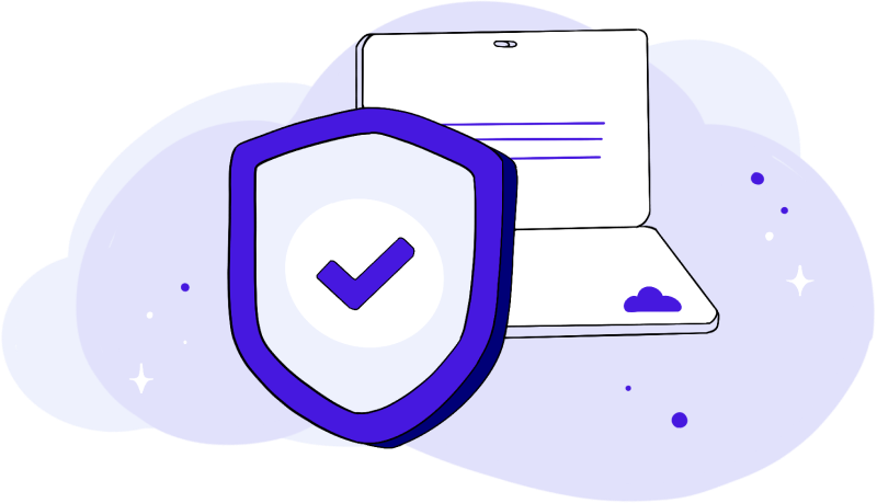 Illustration of a computer with a security shield.