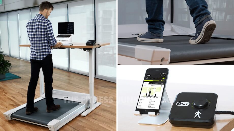 The standing desk setup from UNISIT including the under desk treadmill.