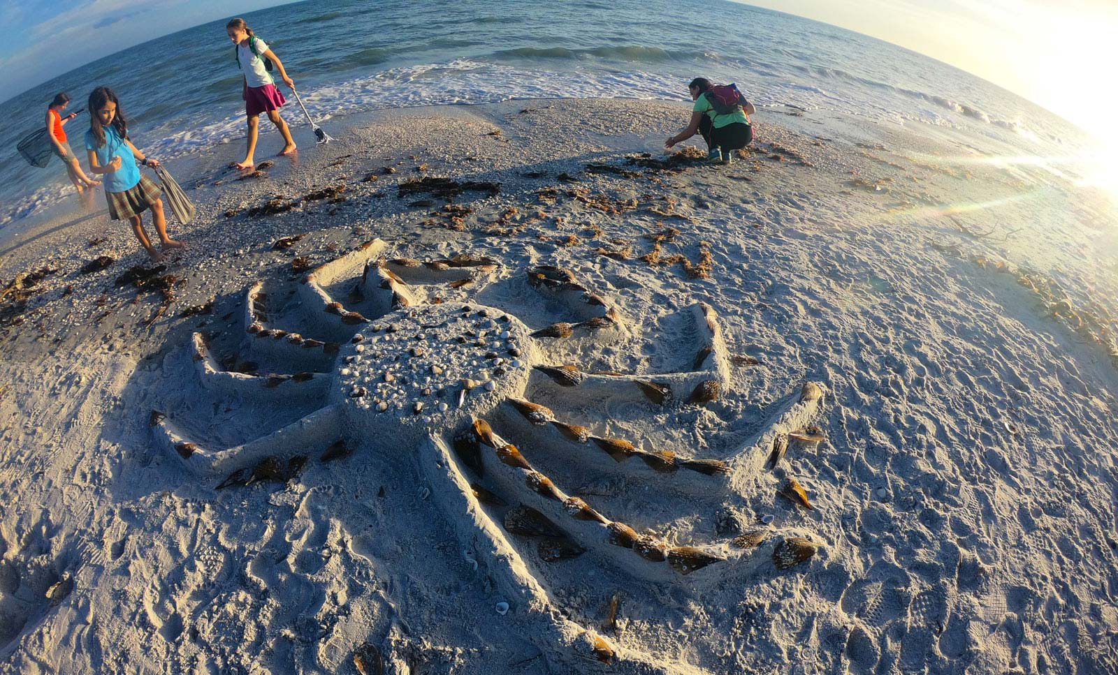 4 girls on Sanibel Island beach looking at crab-shaped sand art