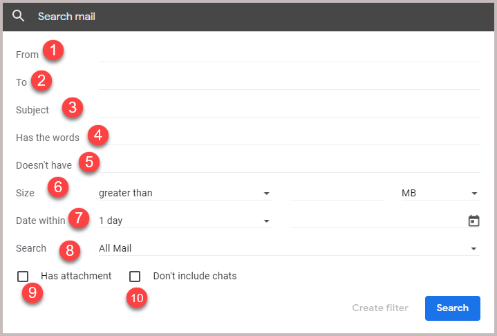 gmail filters criteria